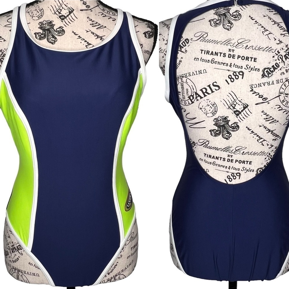 Vintage Jantzen One Piece Racerback Swim Suit Navy Blue Lime Green Retro Size 12